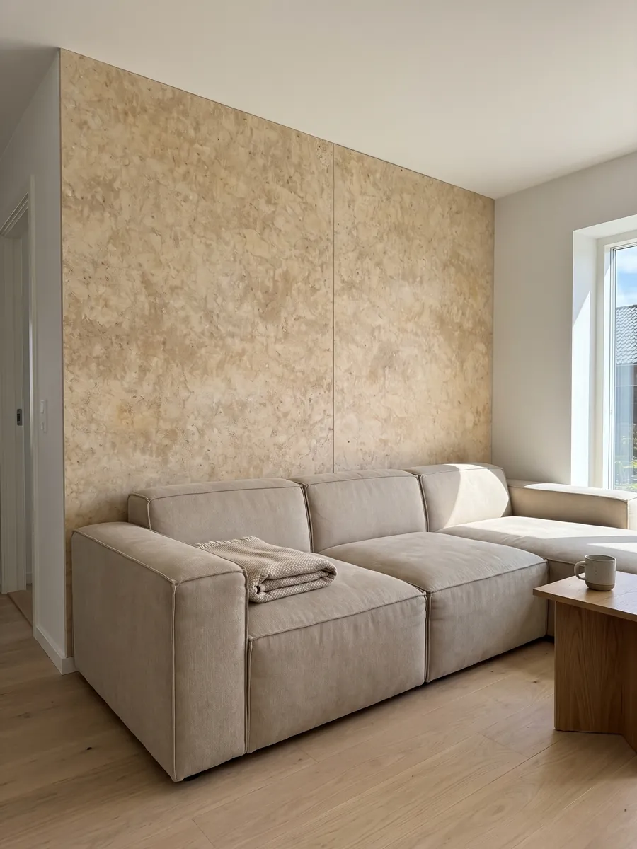 Pared de sala revestida con placas de Arenisca Santafiora Havana abiertas en libro detrás de un sofá: tono crema cálido con nubes doradas difusas y textura arenosa suave