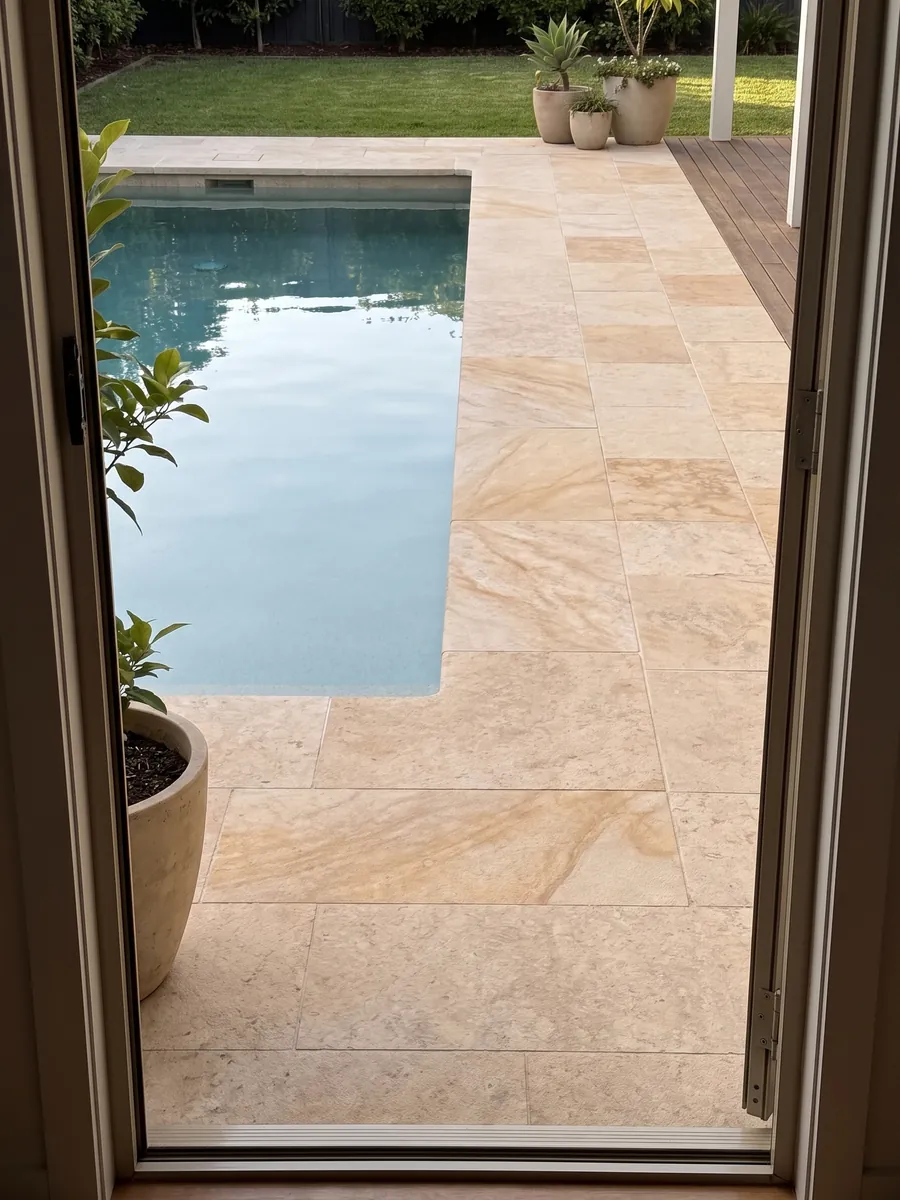 Borde y entorno de piscina en Arenisca Santafiora Havana en el jardín de una casa: tono crema cálido con nubes doradas difusas y textura arenosa suave