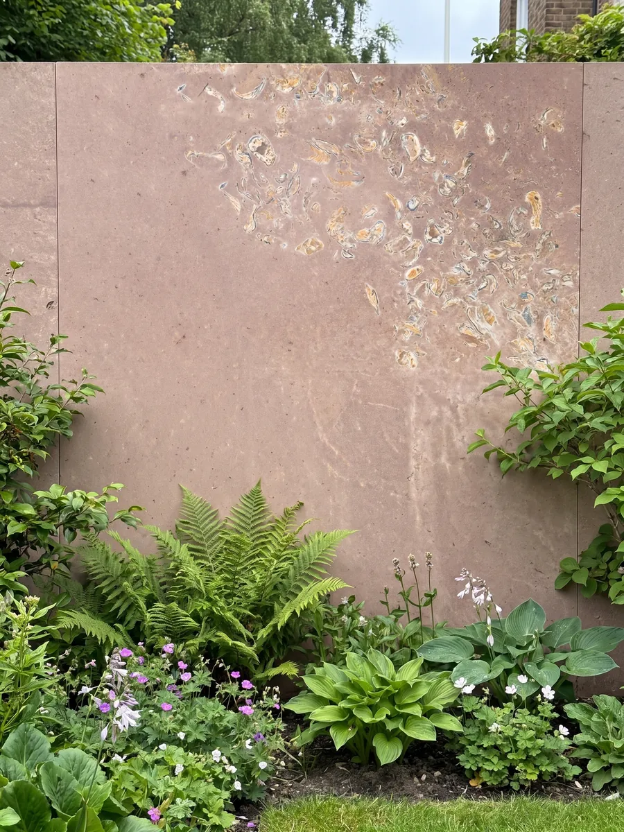 Muro de jardín revestido con Arenisca Santafiora Ostrea con plantas delante: fondo rosado liso con un racimo de conchas fósiles visibles concentradas en una esquina