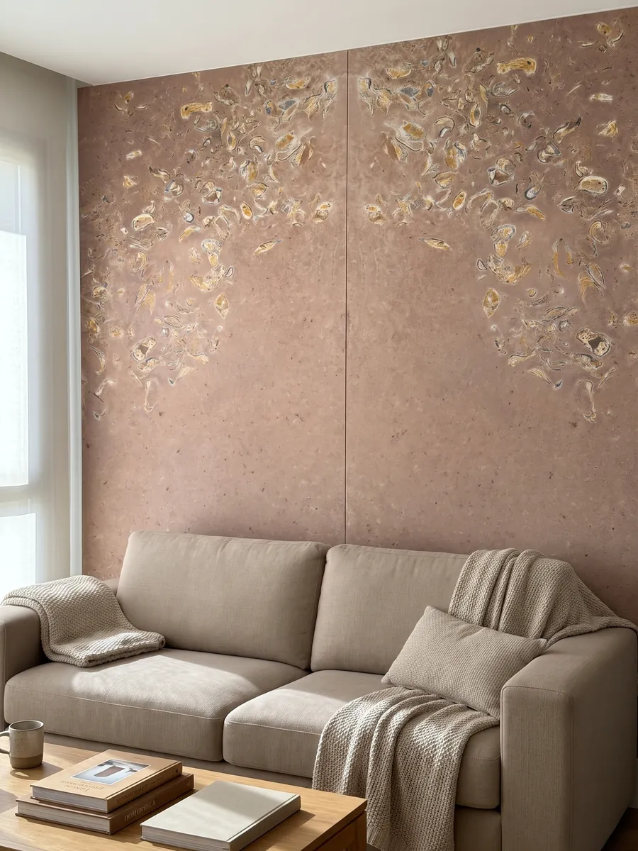 Pared de sala revestida con placas de Arenisca Santafiora Ostrea abiertas en libro detrás de un sofá: fondo rosado liso con un racimo de conchas fósiles visibles concentradas en una esquina