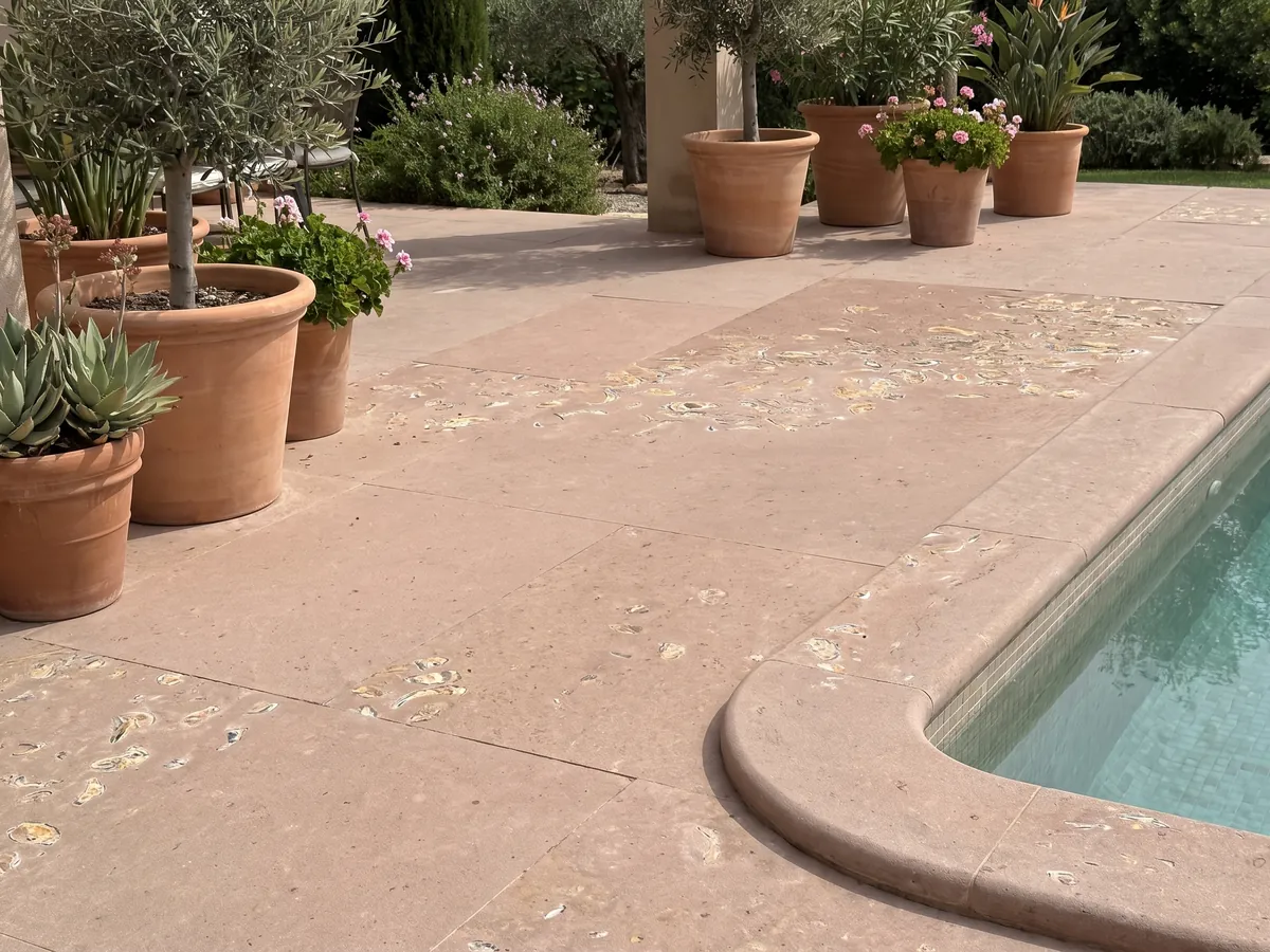 Piso de terraza y borde de piscina en Arenisca Santafiora Ostrea con macetas: fondo rosado liso con un racimo de conchas fósiles visibles concentradas en una esquina