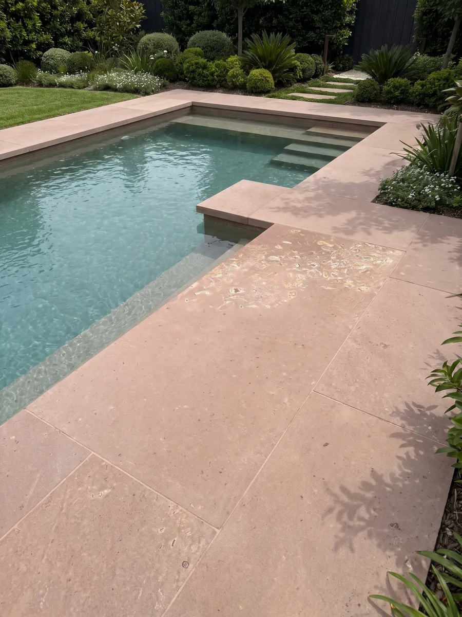Borde y entorno de piscina en Arenisca Santafiora Ostrea en el jardín de una casa: fondo rosado liso con un racimo de conchas fósiles visibles concentradas en una esquina