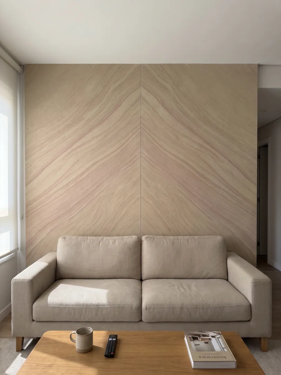 Pared de sala revestida con placas de Arenisca Santafiora Venata abiertas en libro detrás de un sofá: beige arena con ondas diagonales suaves, como dunas de arena