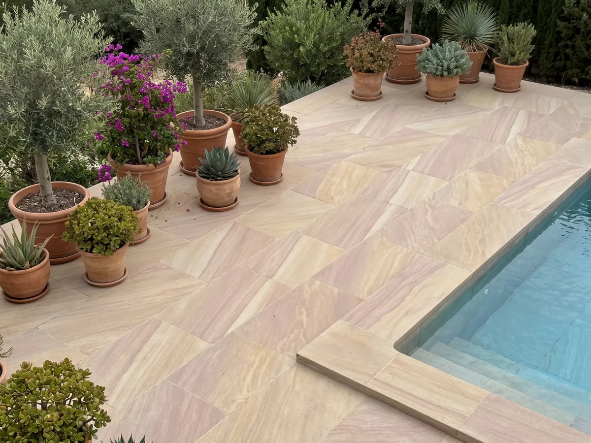 Piso de terraza y borde de piscina en Arenisca Santafiora Venata con macetas: beige arena con ondas diagonales suaves, como dunas de arena