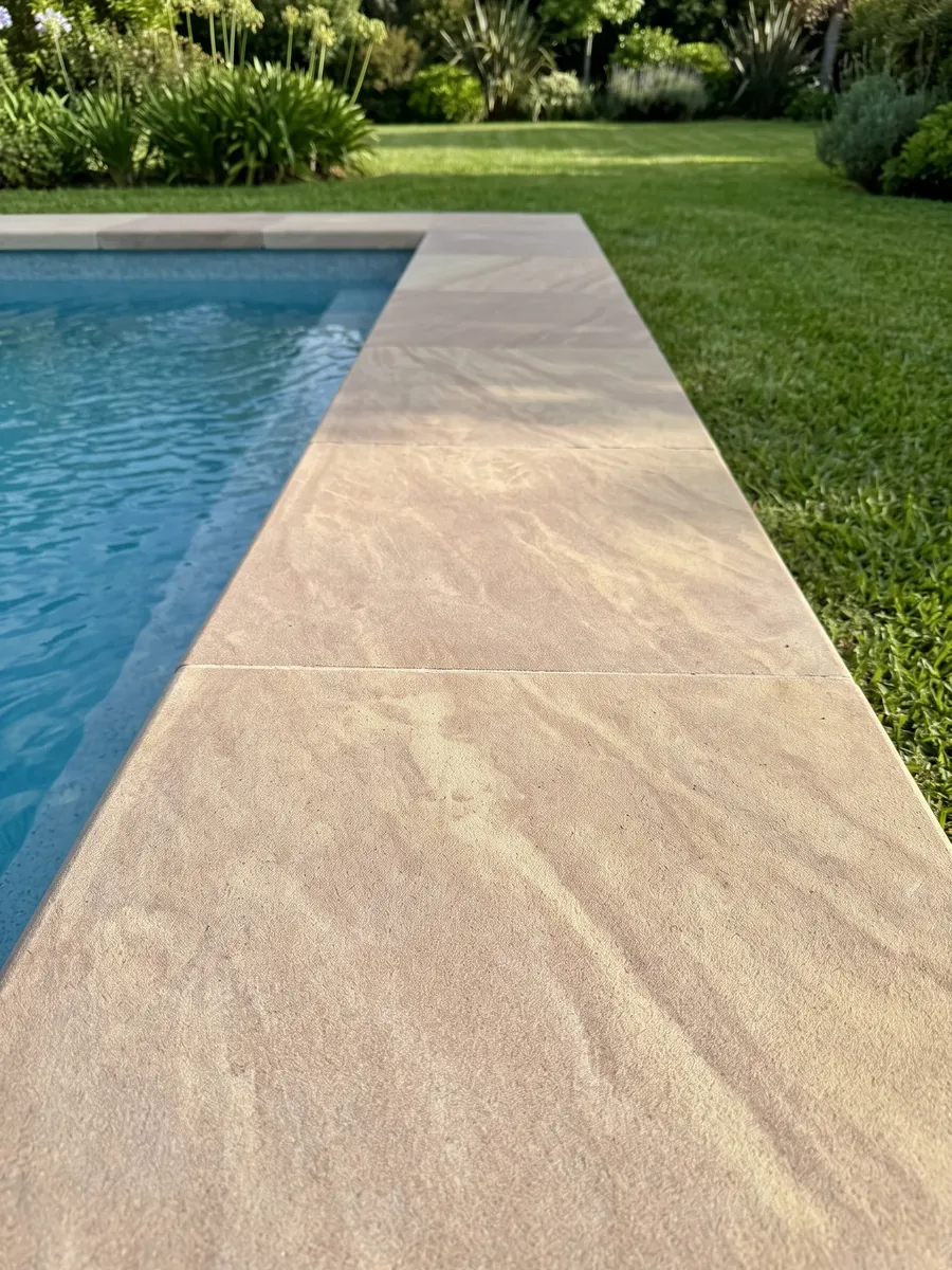 Borde y entorno de piscina en Arenisca Santafiora Venata en el jardín de una casa: beige arena con ondas diagonales suaves, como dunas de arena