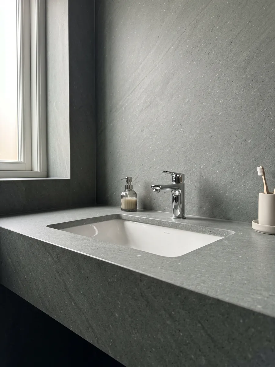 Cubierta de lavabo y pared de baño en Basalto Basaltite con lavamanos blanco y grifería cromada: gris verdoso de grano fino muy uniforme con puntitos blancos aislados