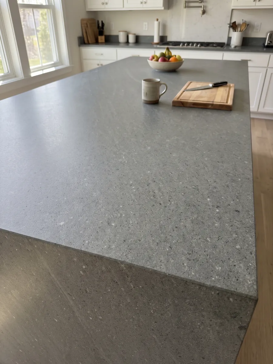 Isla de cocina con cubierta de Basalto Basaltite y canto recto en una cocina con luz natural: gris verdoso de grano fino muy uniforme con puntitos blancos aislados