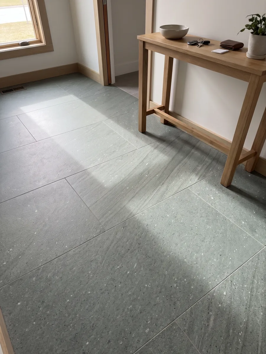 Piso de recibidor en placas grandes de Basalto Basaltite con luz natural: gris verdoso de grano fino muy uniforme con puntitos blancos aislados