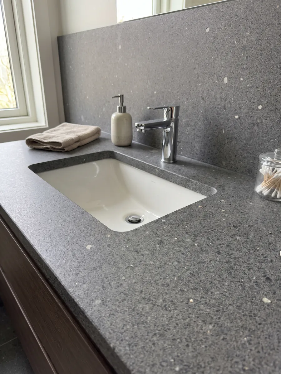 Cubierta de lavabo y pared de baño en Basalto Lavagrigia con lavamanos blanco y grifería cromada: gris violáceo granulado tipo sal y pimienta con inclusiones blancas sueltas