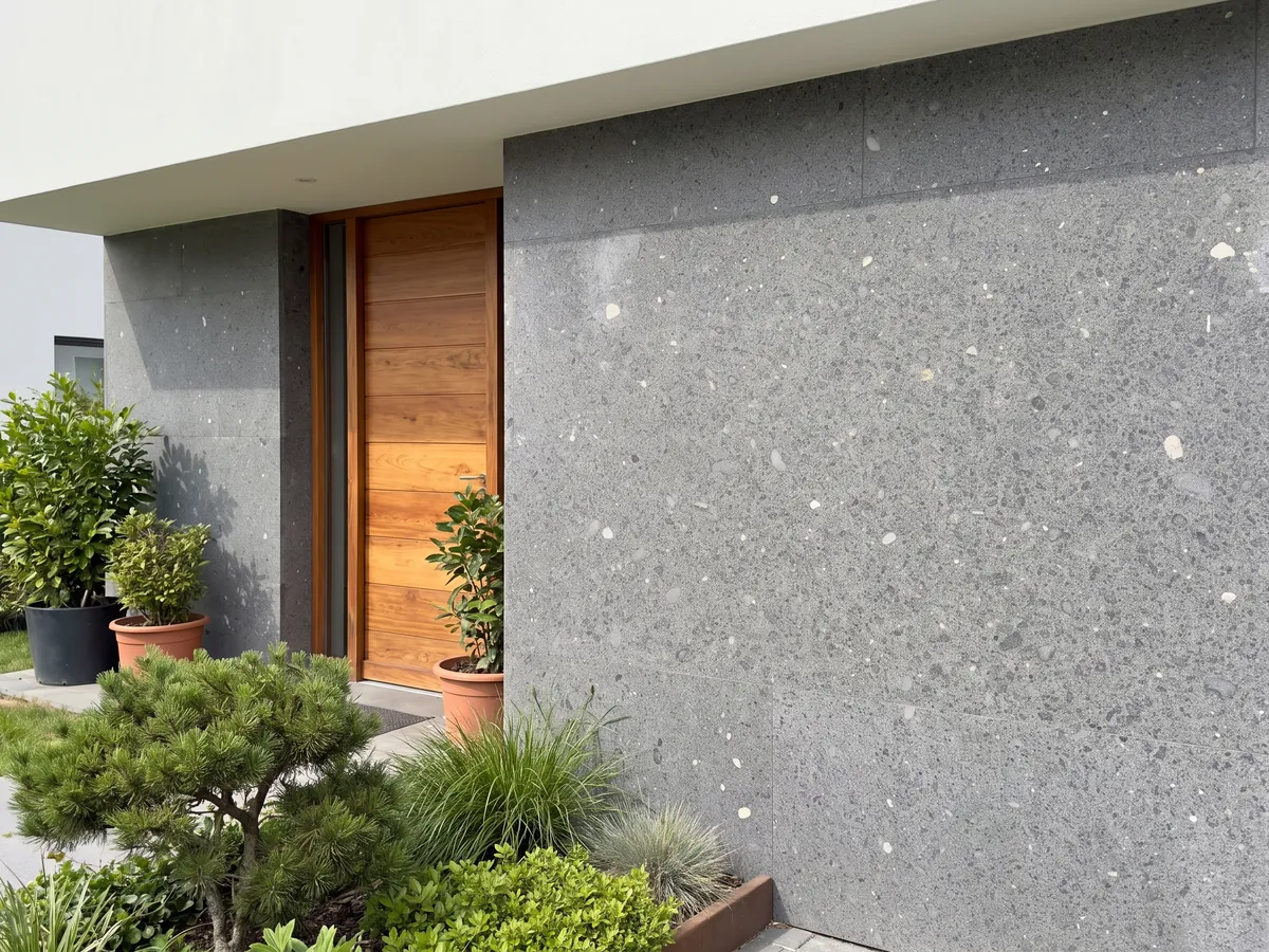 Fachada de casa revestida con Basalto Lavagrigia junto a una puerta de madera: gris violáceo granulado tipo sal y pimienta con inclusiones blancas sueltas