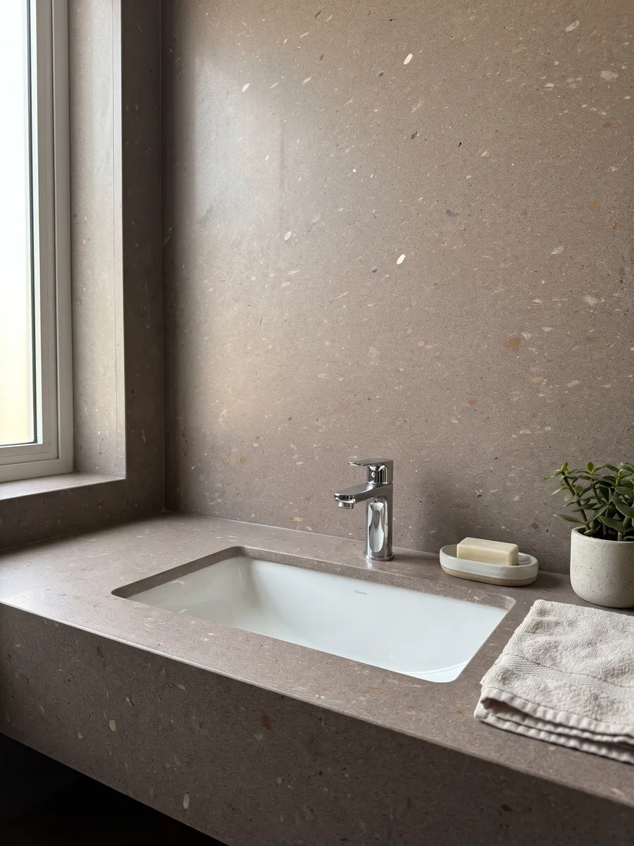 Cubierta de lavabo y pared de baño en Basalto Lavarosa con lavamanos blanco y grifería cromada: tono topo rosado de grano fino con pequeñas inclusiones blancas y rojizas