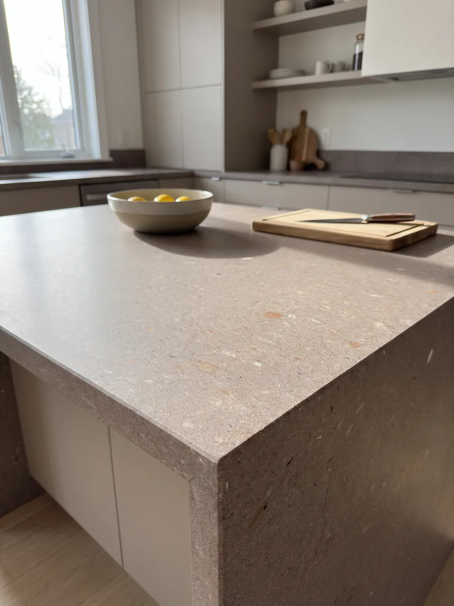 Isla de cocina con cubierta de Basalto Lavarosa y canto recto en una cocina con luz natural: tono topo rosado de grano fino con pequeñas inclusiones blancas y rojizas