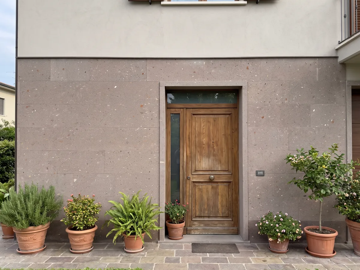 Fachada de casa revestida con Basalto Lavarosa junto a una puerta de madera: tono topo rosado de grano fino con pequeñas inclusiones blancas y rojizas