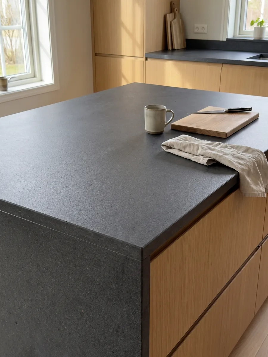 Isla de cocina con cubierta de Basalto Pietra Lavica y canto recto en una cocina con luz natural: gris casi negro, homogéneo y de grano muy fino