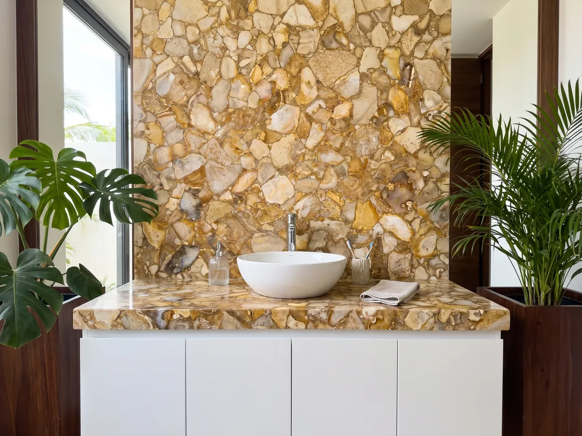 Cubierta de lavabo y pared de baño en Coral Fósil con lavamanos blanco y grifería cromada: fragmentos claros de coral fósil sobre un fondo dorado ocre
