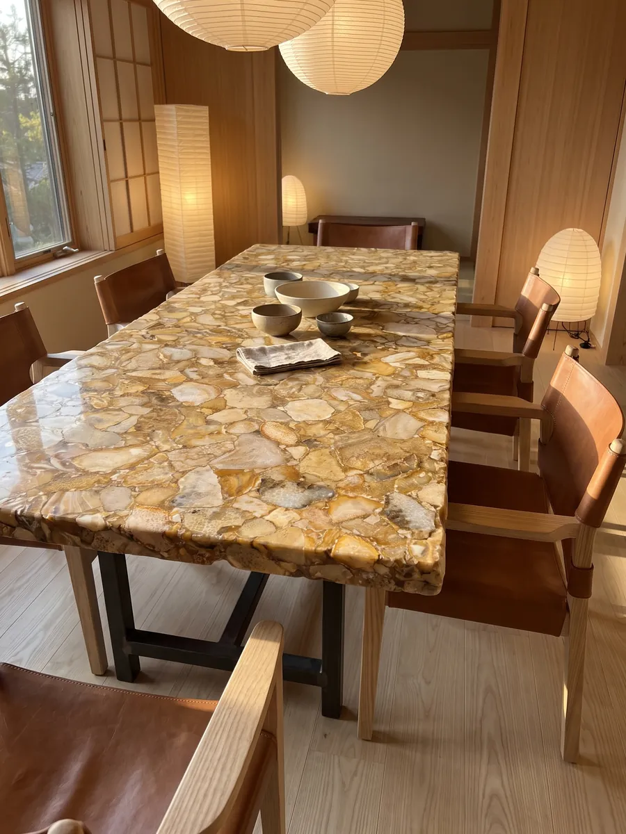 Mesa de comedor con cubierta de Coral Fósil sobre base de acero: fragmentos claros de coral fósil sobre un fondo dorado ocre