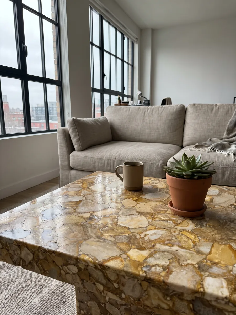 Mesa de centro con cubierta de Coral Fósil en una sala: fragmentos claros de coral fósil sobre un fondo dorado ocre