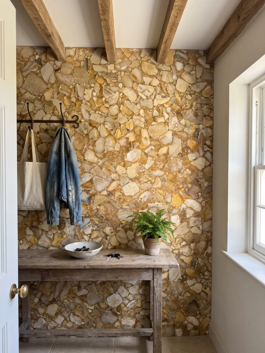Pared de recibidor revestida con Coral Fósil con consola estrecha: fragmentos claros de coral fósil sobre un fondo dorado ocre