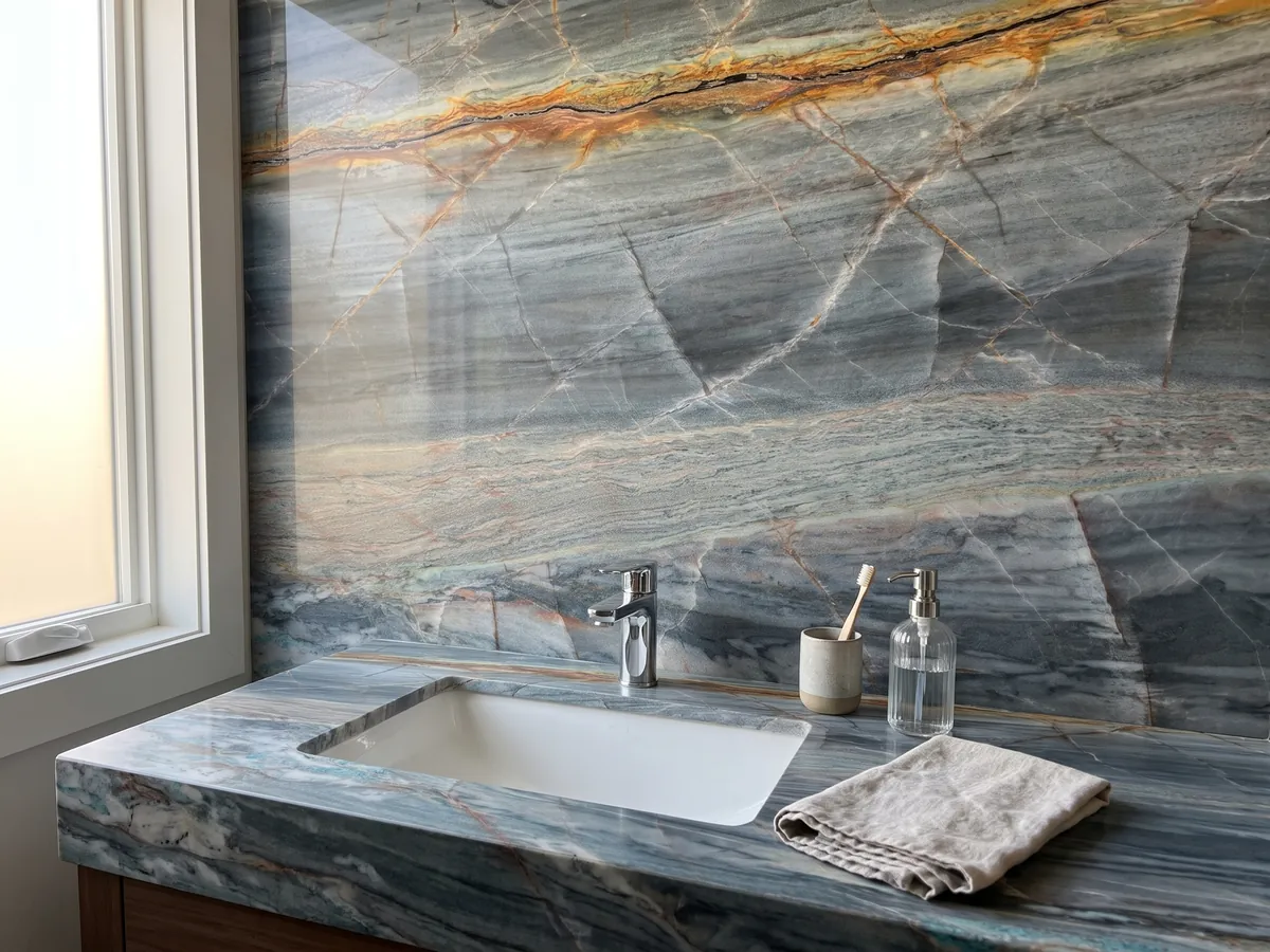Cubierta de lavabo y pared de baño en cuarcita azul Blue Atlantic con lavamanos blanco y grifería cromada: azul grisáceo en bandas horizontales con una veta naranja intensa arriba