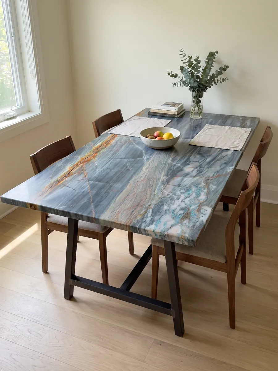 Mesa de comedor con cubierta de cuarcita azul Blue Atlantic sobre base de acero: azul grisáceo en bandas horizontales con una veta naranja intensa arriba