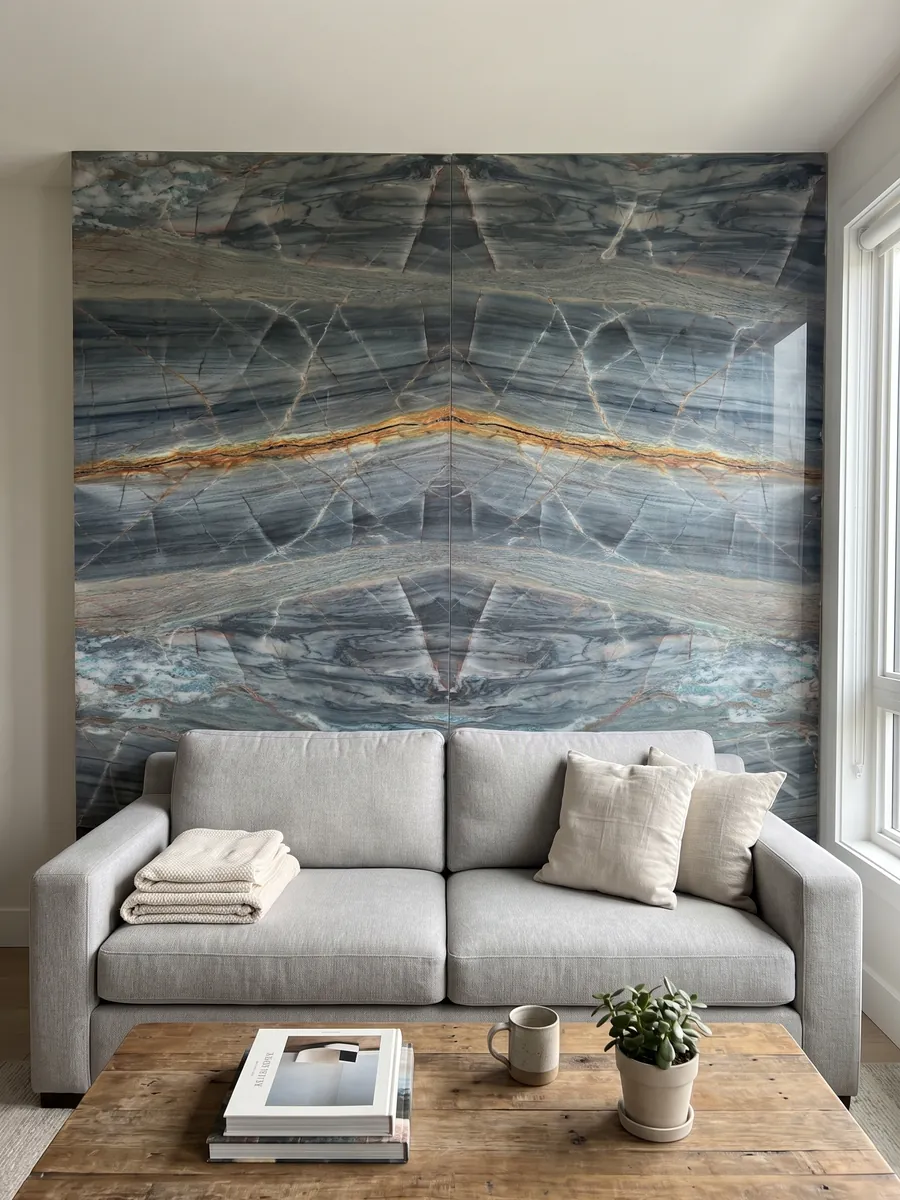 Pared de sala revestida con placas de cuarcita azul Blue Atlantic abiertas en libro detrás de un sofá: azul grisáceo en bandas horizontales con una veta naranja intensa arriba