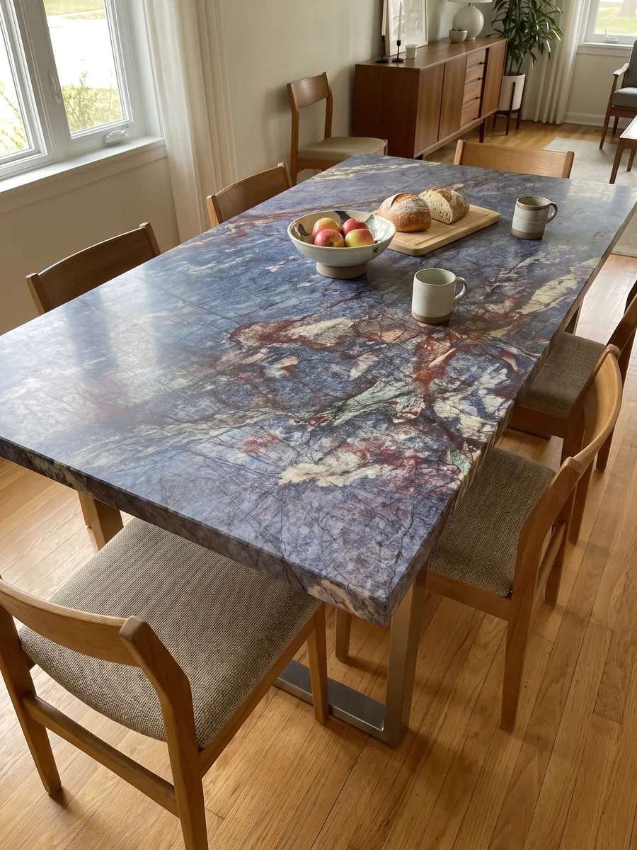 Mesa de comedor con cubierta de cuarcita azul Blue Luise sobre base de acero: azul violáceo atravesado por una red densa de vetas rojo óxido