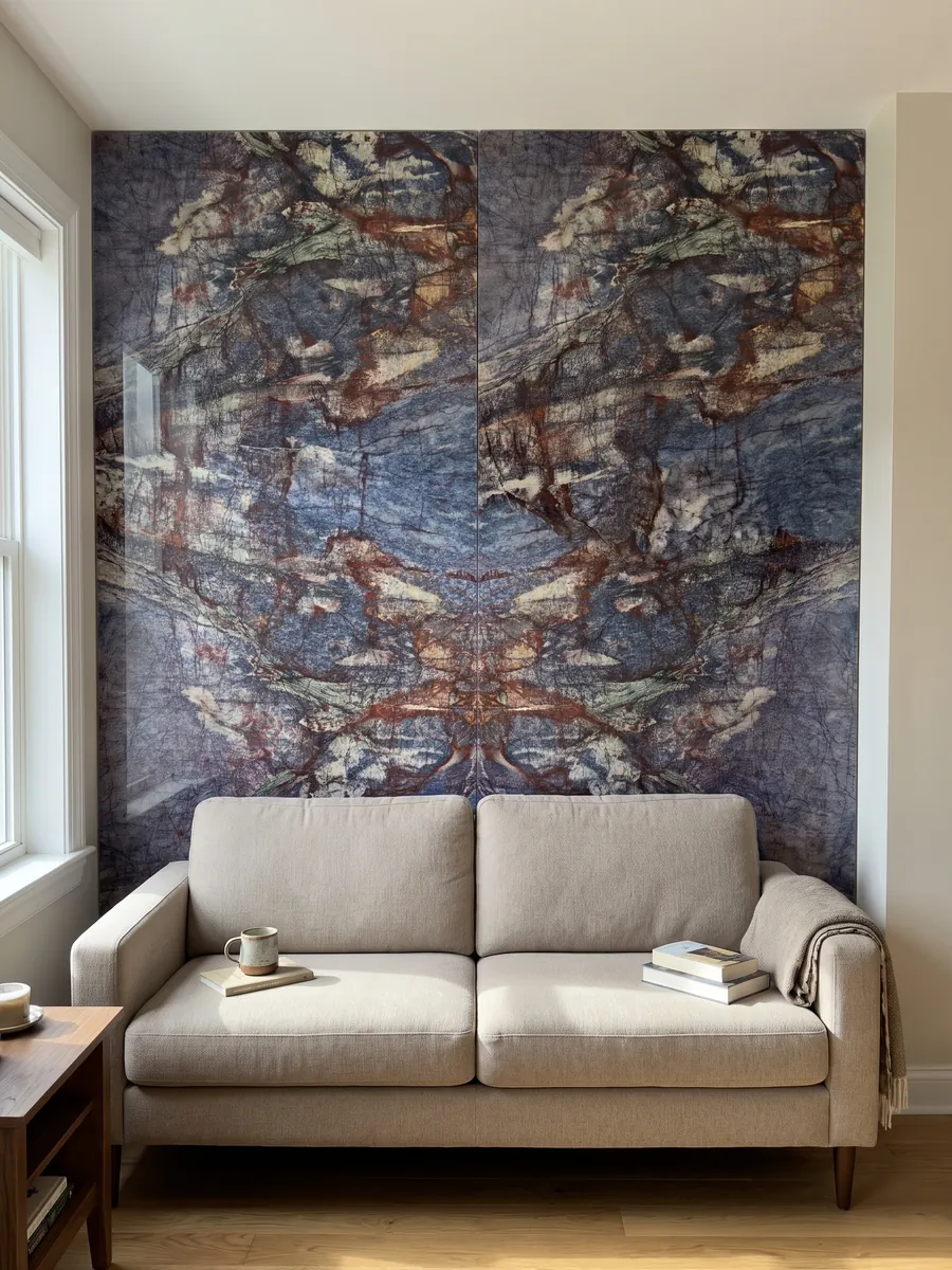 Pared de sala revestida con placas de cuarcita azul Blue Luise abiertas en libro detrás de un sofá: azul violáceo atravesado por una red densa de vetas rojo óxido