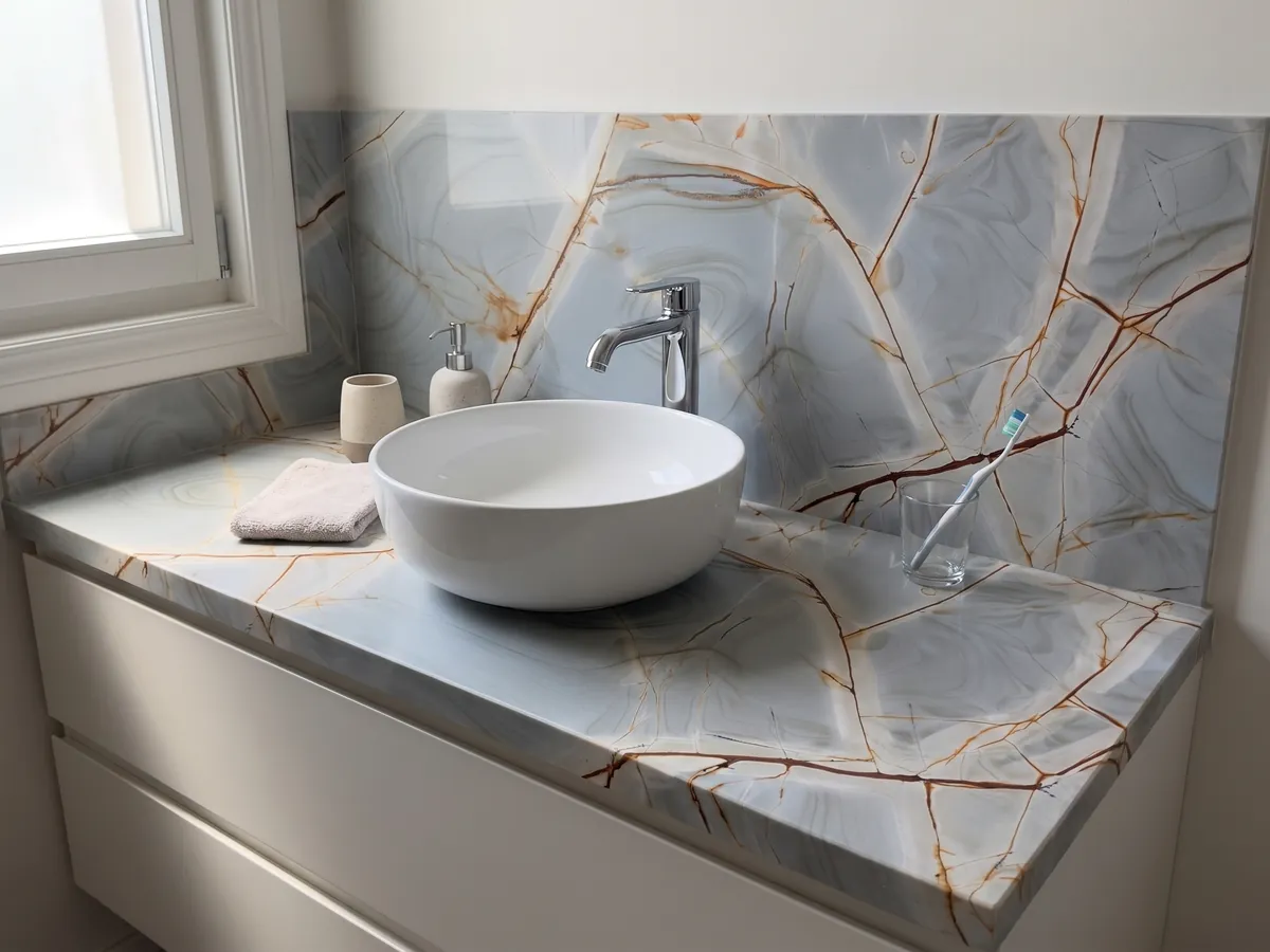 Cubierta de lavabo y pared de baño en cuarcita azul Blue Roma con lavamanos blanco y grifería cromada: gris azulado claro con vetas rojizas ramificadas y dibujos concéntricos suaves