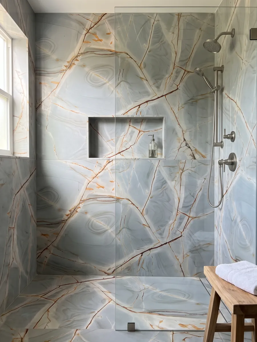 Ducha revestida con placas enteras de cuarcita azul Blue Roma con nicho empotrado: gris azulado claro con vetas rojizas ramificadas y dibujos concéntricos suaves