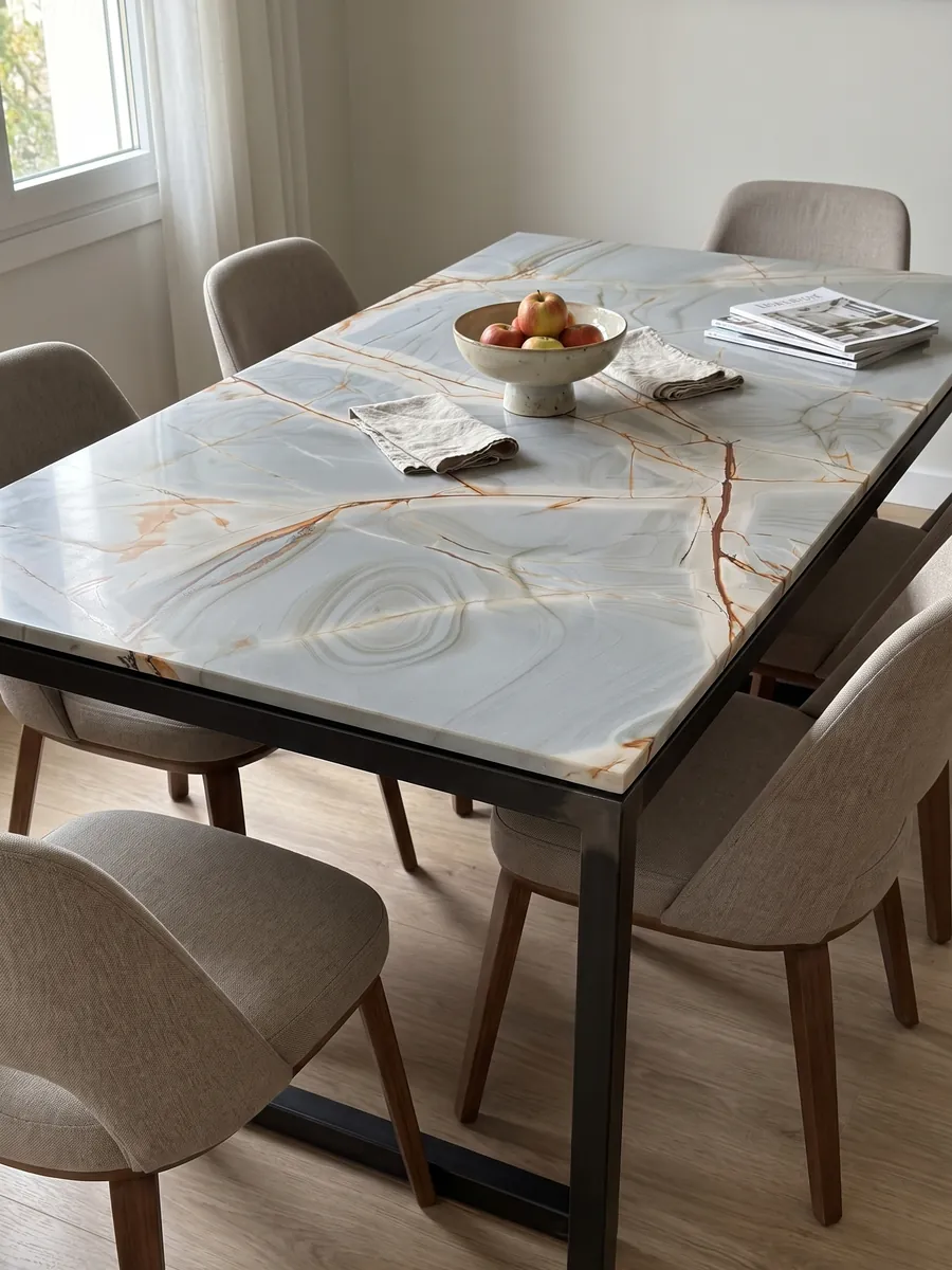 Mesa de comedor con cubierta de cuarcita azul Blue Roma sobre base de acero: gris azulado claro con vetas rojizas ramificadas y dibujos concéntricos suaves