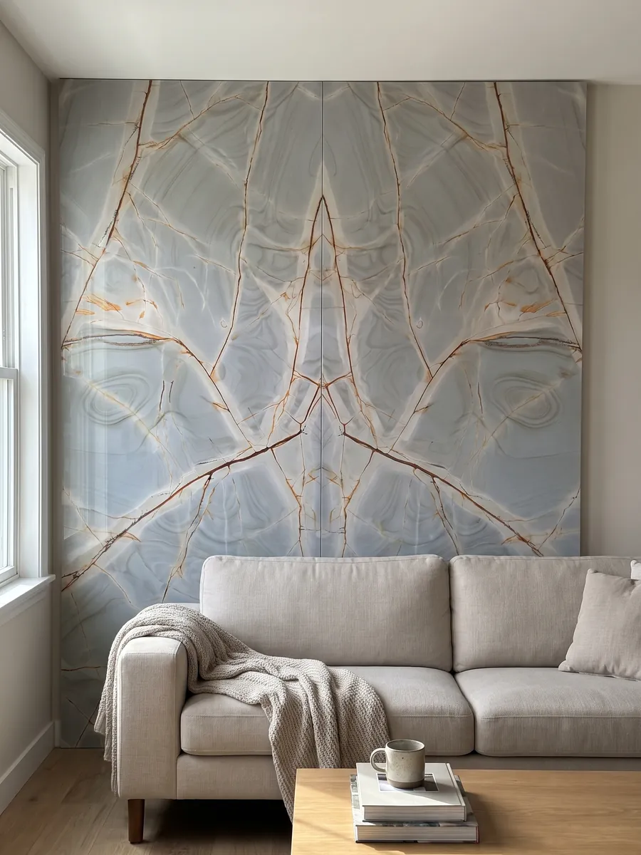 Pared de sala revestida con placas de cuarcita azul Blue Roma abiertas en libro detrás de un sofá: gris azulado claro con vetas rojizas ramificadas y dibujos concéntricos suaves