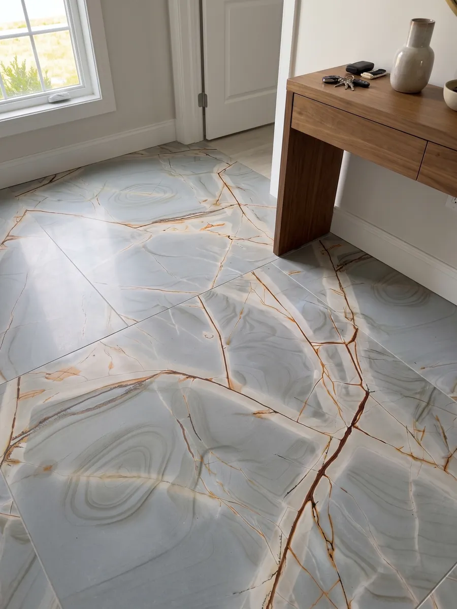 Piso de recibidor en placas grandes de cuarcita azul Blue Roma con luz natural: gris azulado claro con vetas rojizas ramificadas y dibujos concéntricos suaves