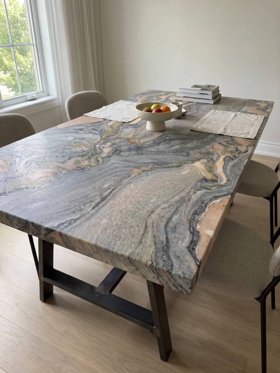 Mesa de comedor con cubierta de cuarcita azul Caravaggio sobre base de acero: remolinos gris azulados con manchas salmón y crema en movimiento diagonal
