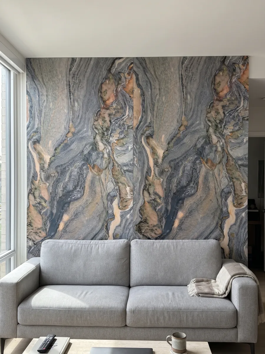 Pared de sala revestida con placas de cuarcita azul Caravaggio abiertas en libro detrás de un sofá: remolinos gris azulados con manchas salmón y crema en movimiento diagonal