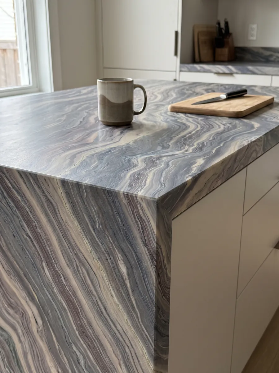 Canto recto de una cubierta de cocina en cuarcita azul Explosion Blue con la veta continuando por el borde: ondas apretadas gris azuladas y crema que recorren toda la placa en diagonal