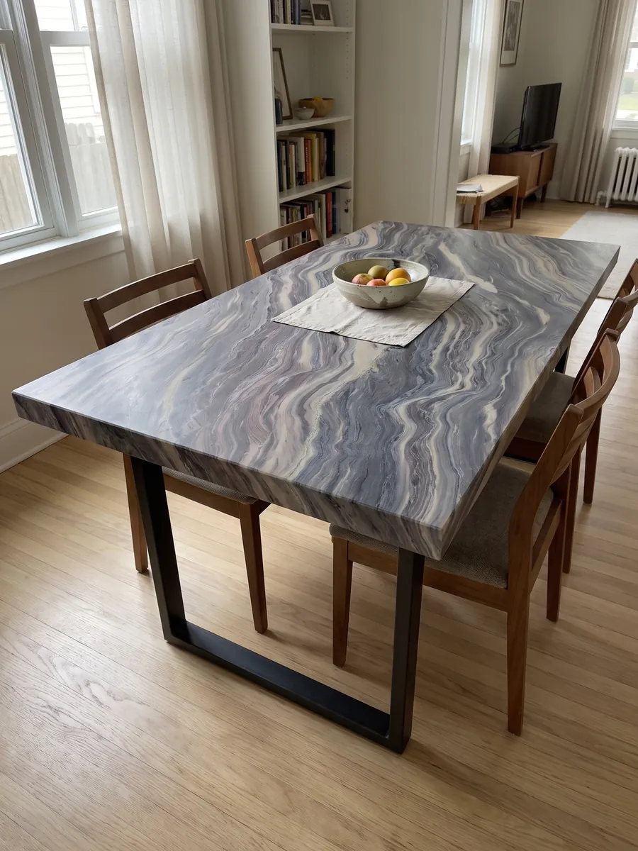 Mesa de comedor con cubierta de cuarcita azul Explosion Blue sobre base de acero: ondas apretadas gris azuladas y crema que recorren toda la placa en diagonal