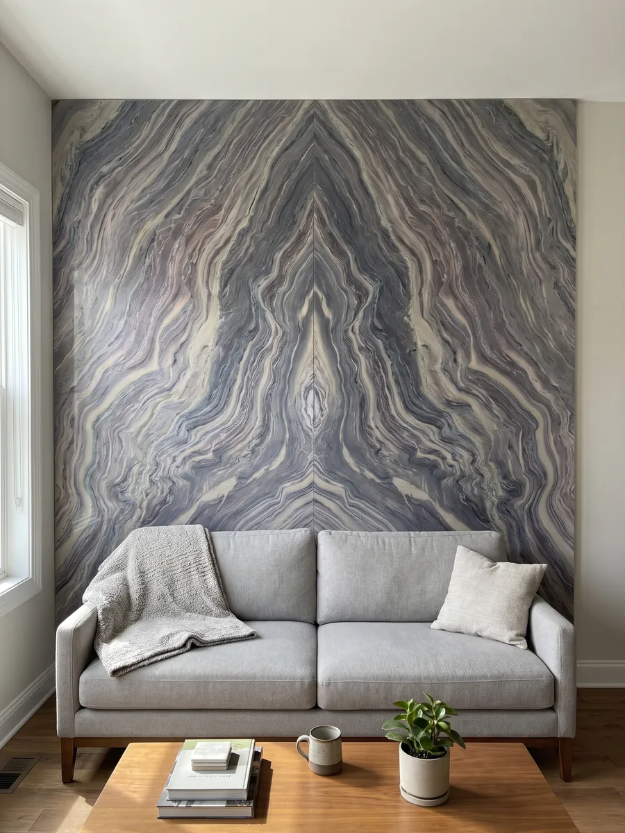 Pared de sala revestida con placas de cuarcita azul Explosion Blue abiertas en libro detrás de un sofá: ondas apretadas gris azuladas y crema que recorren toda la placa en diagonal