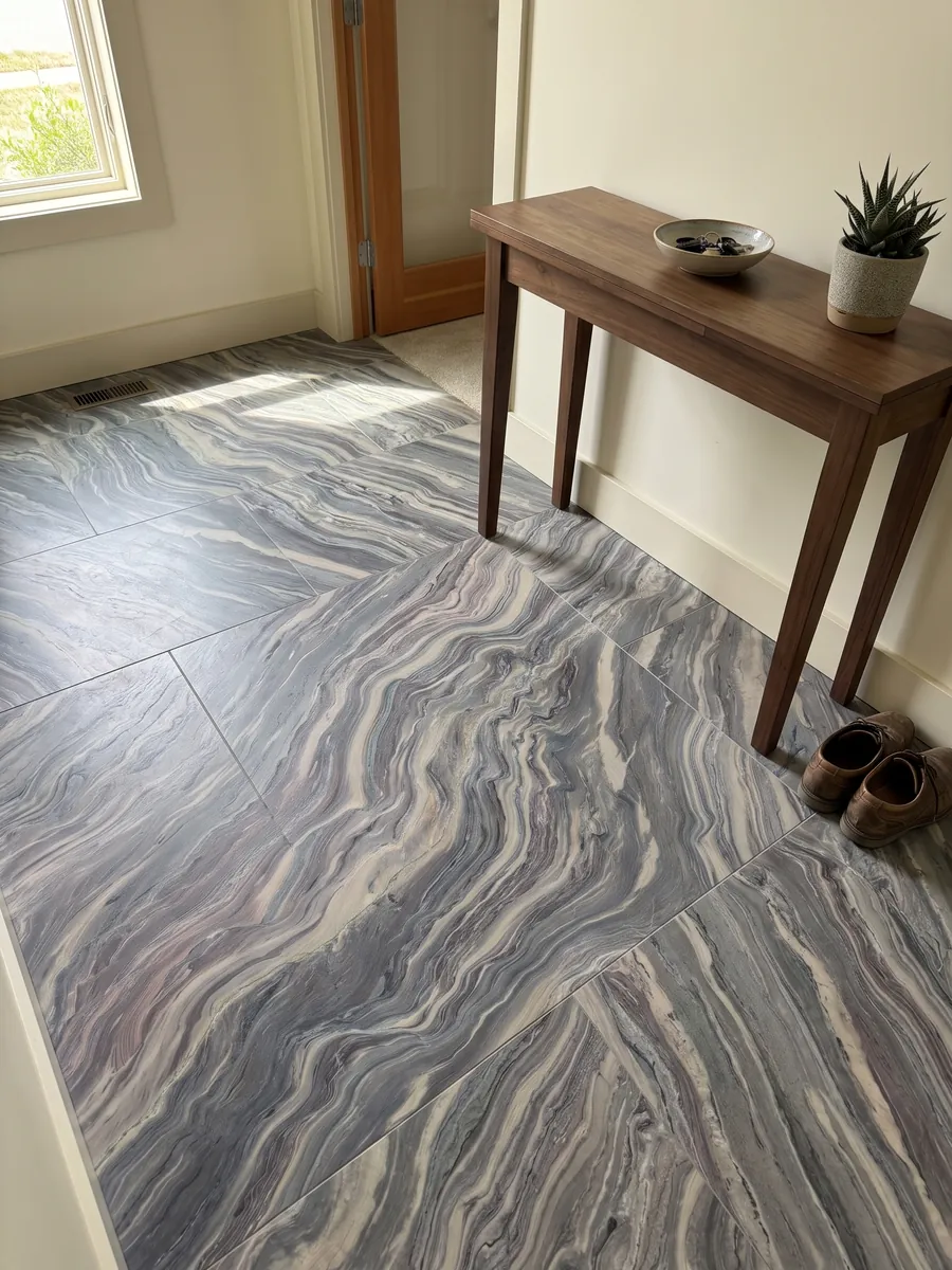 Piso de recibidor en placas grandes de cuarcita azul Explosion Blue con luz natural: ondas apretadas gris azuladas y crema que recorren toda la placa en diagonal