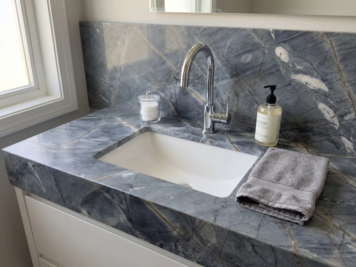 Cubierta de lavabo y pared de baño en cuarcita azul Ijene Blue con lavamanos blanco y grifería cromada: azul pizarra con vetas finas color ocre que se cruzan