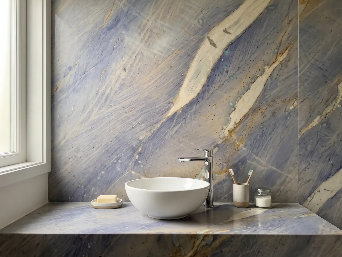 Cubierta de lavabo y pared de baño en Cuarcita Azul Macaubas con lavamanos blanco y grifería cromada: fondo azul lavanda con una gran franja crema en diagonal y toques ocre