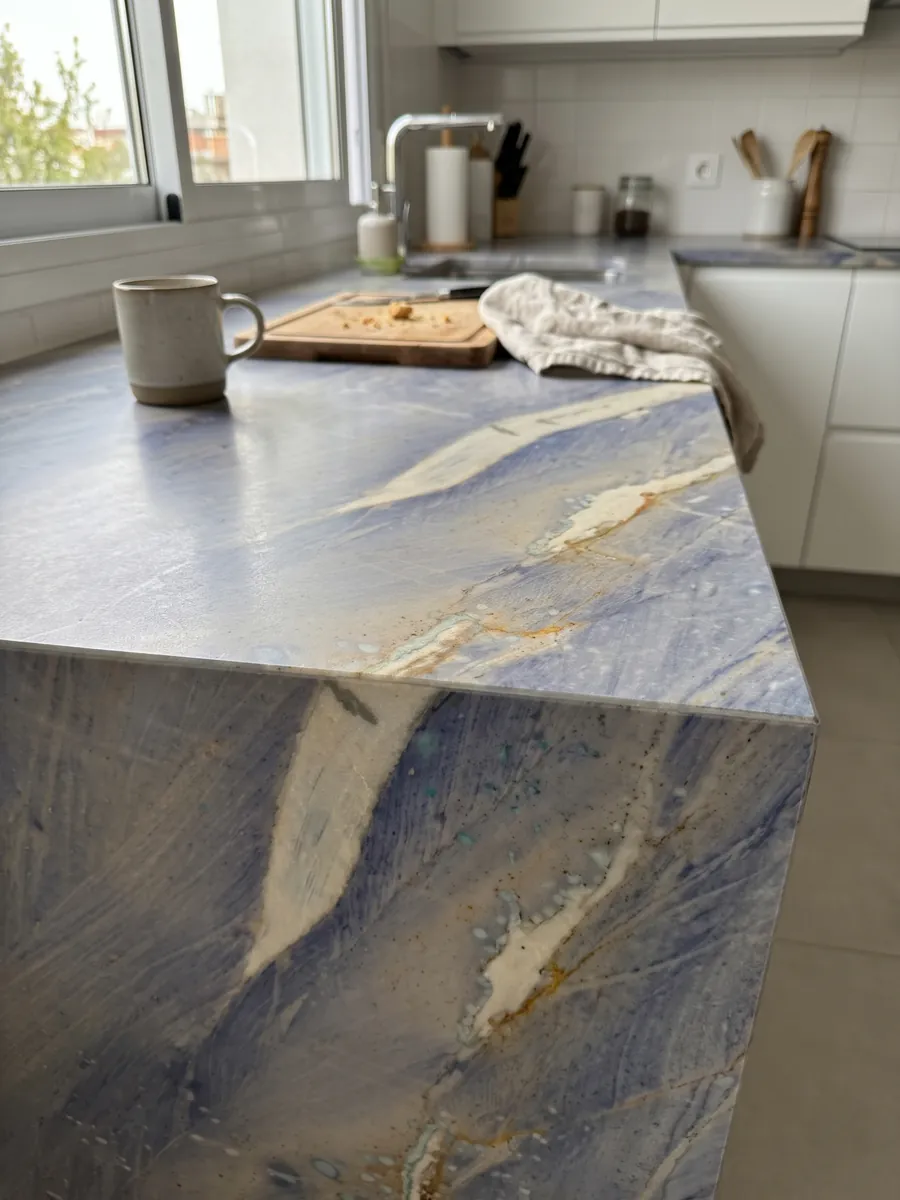 Canto recto de una cubierta de cocina en Cuarcita Azul Macaubas con la veta continuando por el borde: fondo azul lavanda con una gran franja crema en diagonal y toques ocre