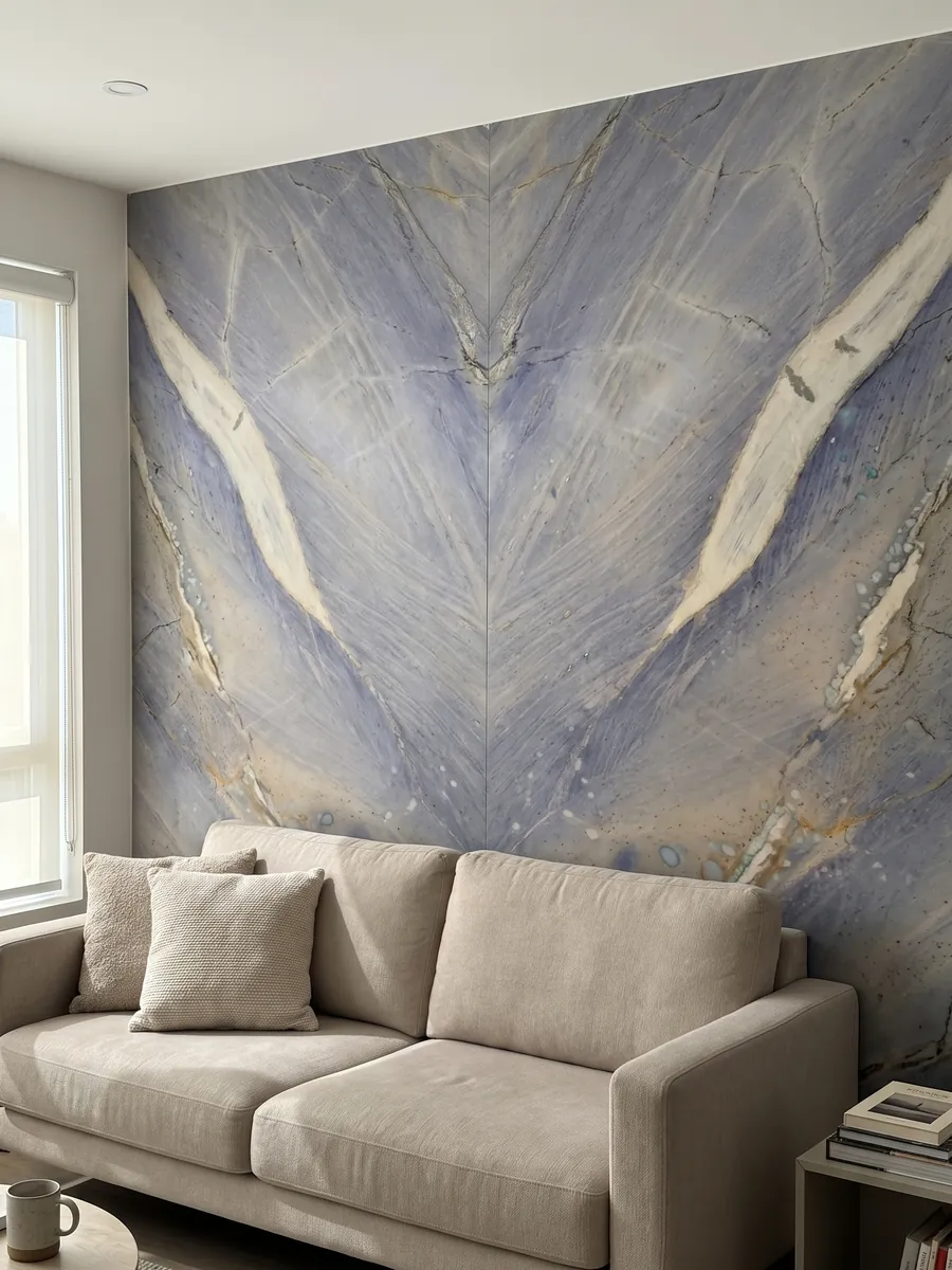 Pared de sala revestida con placas de Cuarcita Azul Macaubas abiertas en libro detrás de un sofá: fondo azul lavanda con una gran franja crema en diagonal y toques ocre