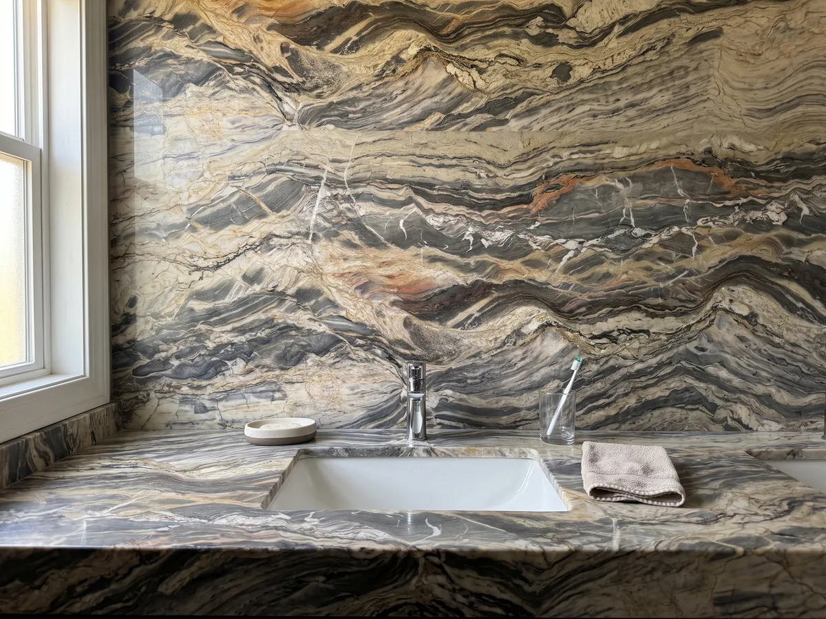 Cubierta de lavabo y pared de baño en cuarcita beige Colorado con lavamanos blanco y grifería cromada: ondas horizontales crema y gris oscuro muy movidas, con algún toque naranja