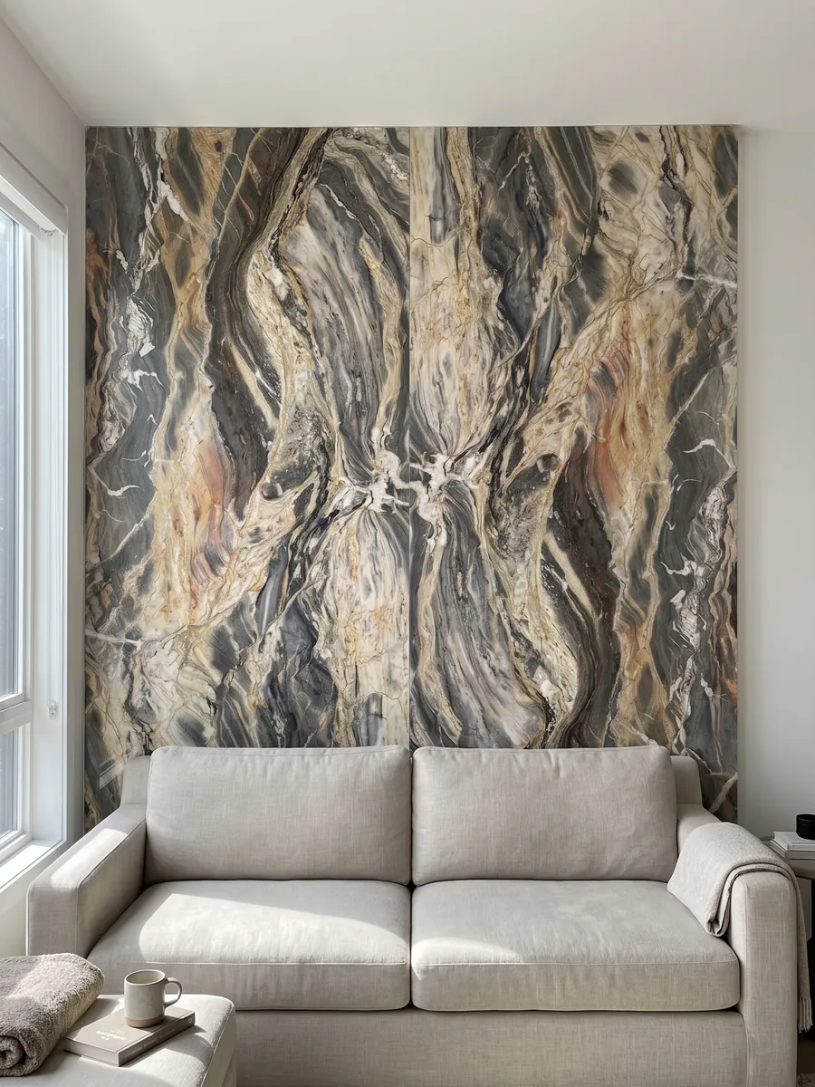 Pared de sala revestida con placas de cuarcita beige Colorado abiertas en libro detrás de un sofá: ondas horizontales crema y gris oscuro muy movidas, con algún toque naranja