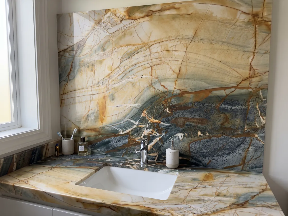 Cubierta de lavabo y pared de baño en cuarcita beige Polaris Gold con lavamanos blanco y grifería cromada: crema y ocre con red de vetas naranja y zona gris petróleo inferior