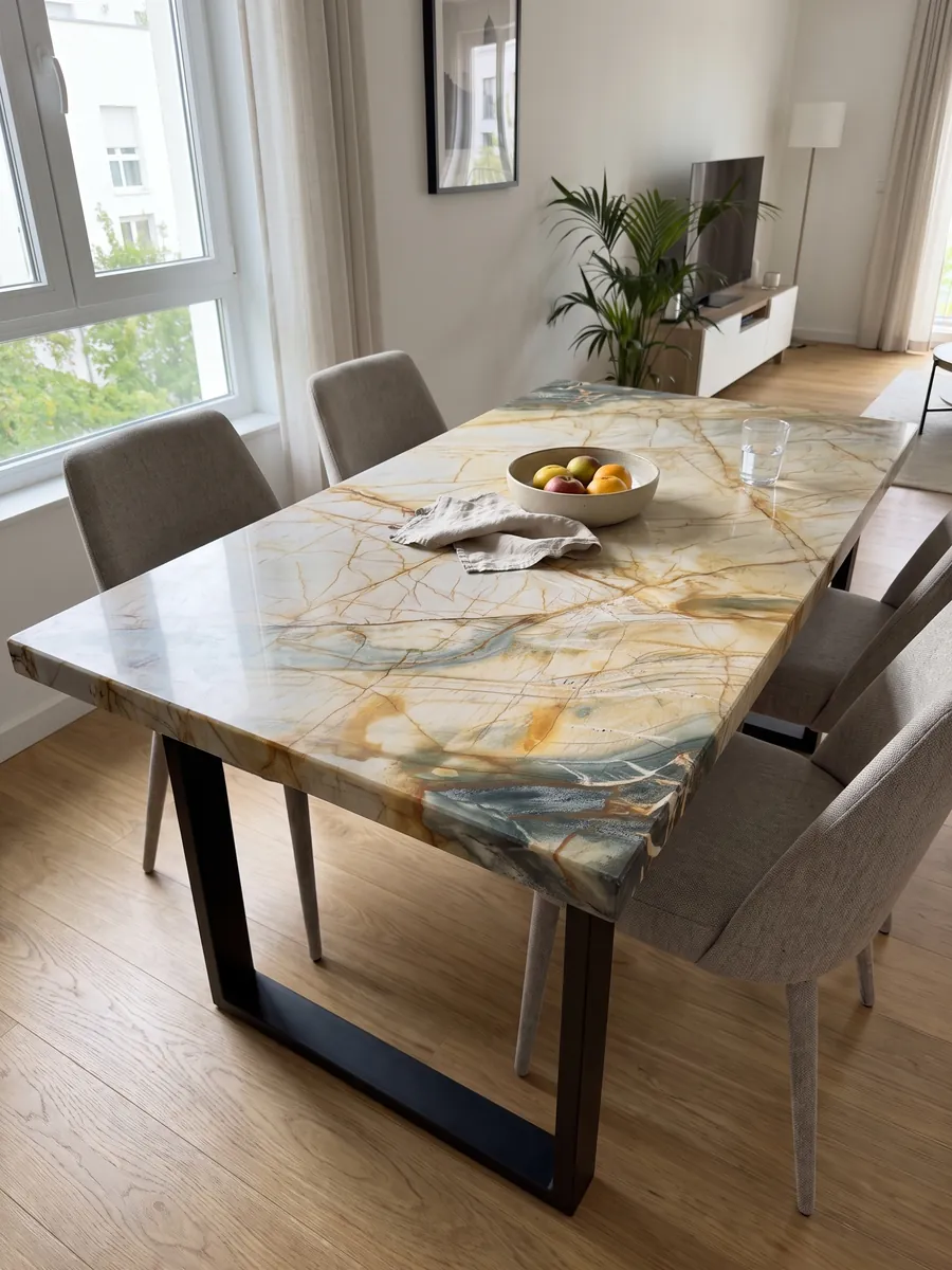 Mesa de comedor con cubierta de cuarcita beige Polaris Gold sobre base de acero: crema y ocre con red de vetas naranja y zona gris petróleo inferior