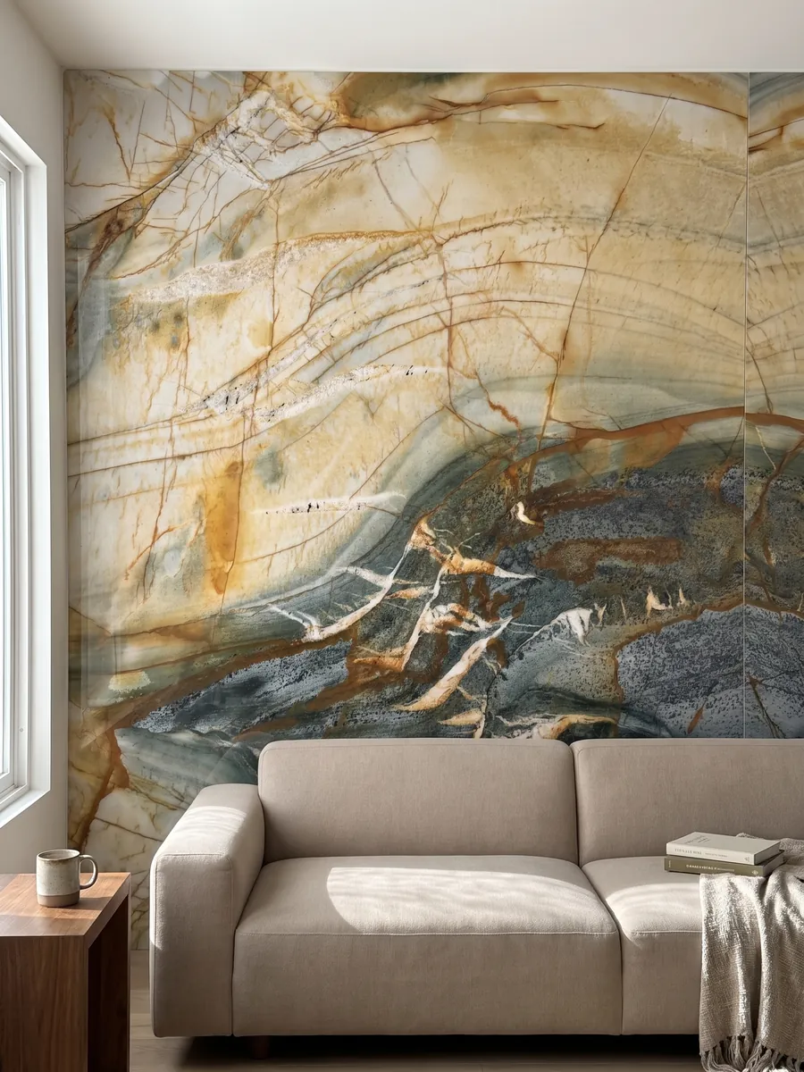 Pared de sala revestida con placas de cuarcita beige Polaris Gold abiertas en libro detrás de un sofá: crema y ocre con red de vetas naranja y zona gris petróleo inferior