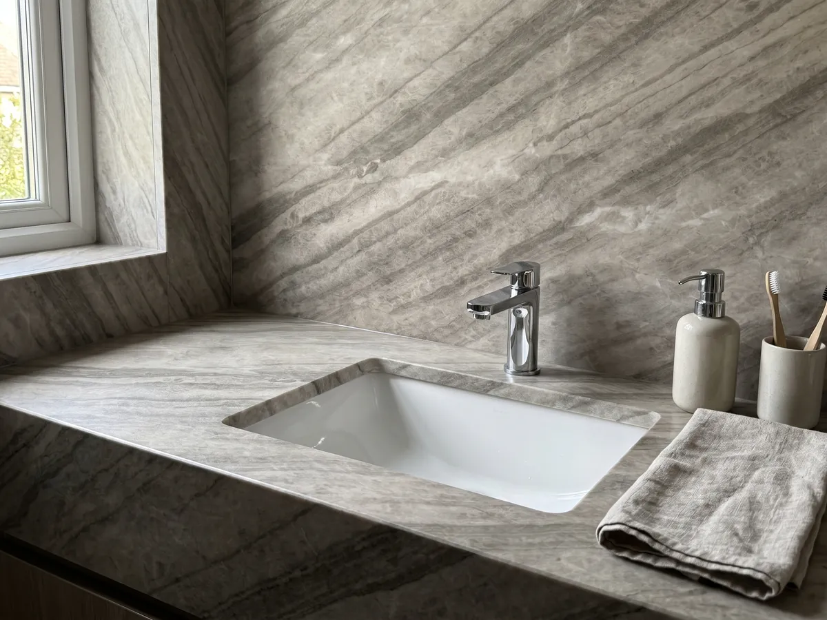 Cubierta de lavabo y pared de baño en cuarcita beige Sky Pearl con lavamanos blanco y grifería cromada: greige con bandas paralelas más oscuras en diagonal