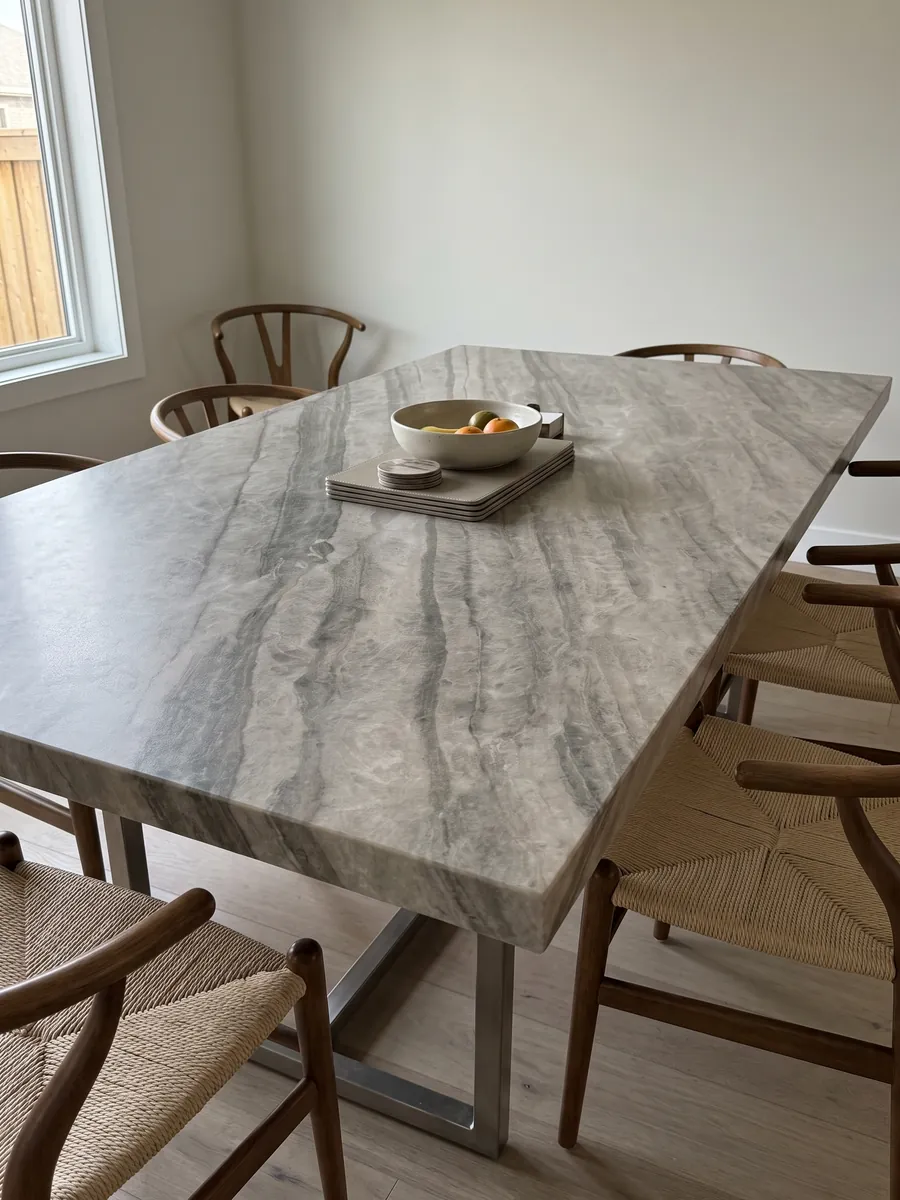 Mesa de comedor con cubierta de cuarcita beige Sky Pearl sobre base de acero: greige con bandas paralelas más oscuras en diagonal