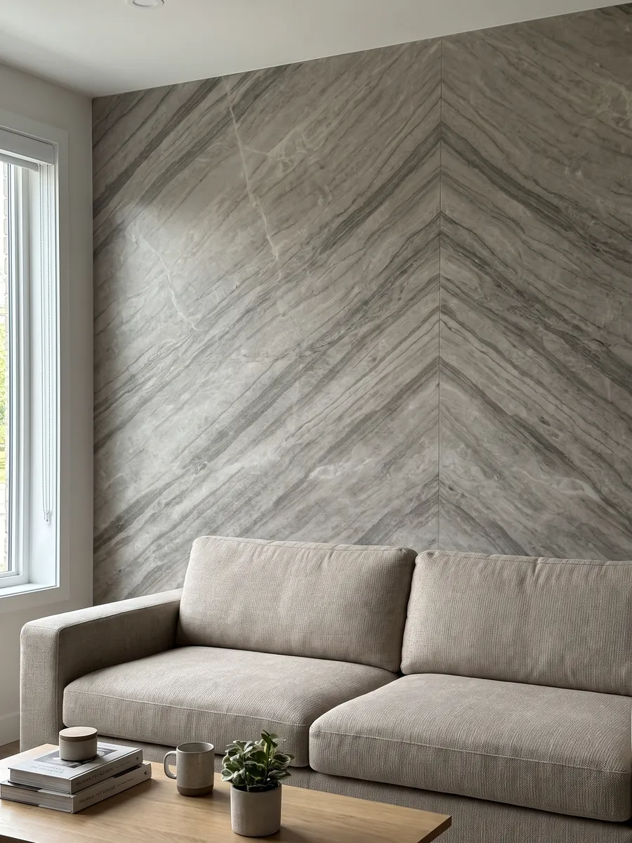 Pared de sala revestida con placas de cuarcita beige Sky Pearl abiertas en libro detrás de un sofá: greige con bandas paralelas más oscuras en diagonal